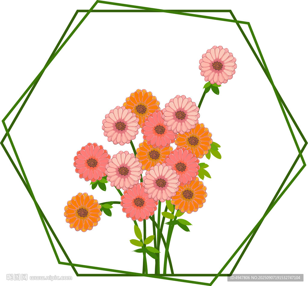 六边形框中的粉色花卉 矢量图