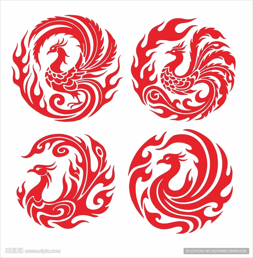 四枚精美凤凰传统图案