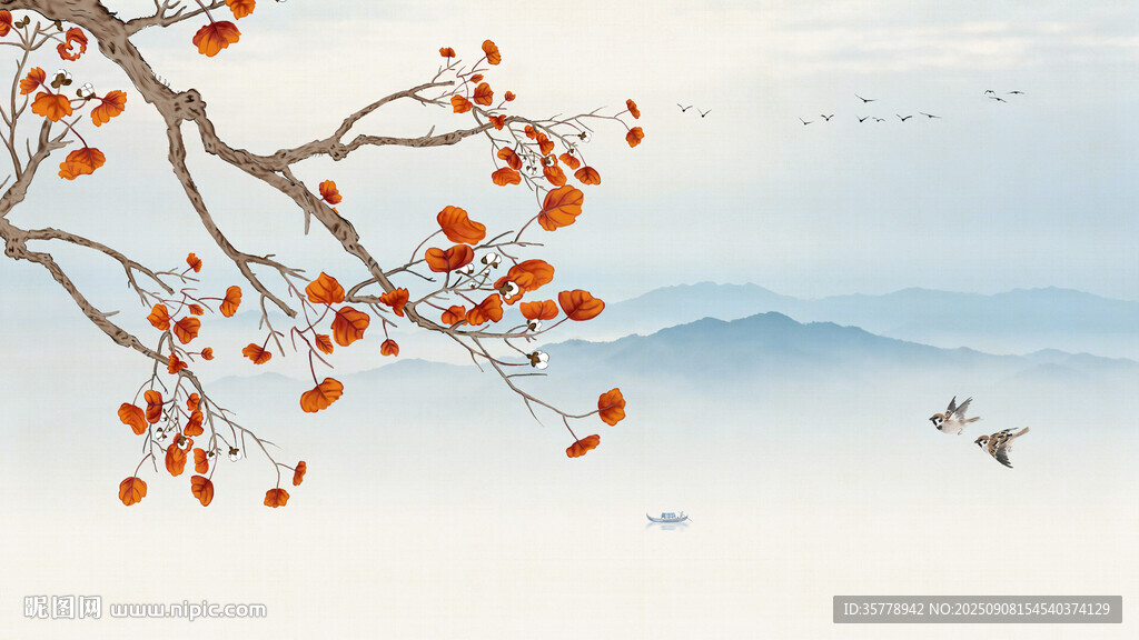 花鸟山水电视背景墙