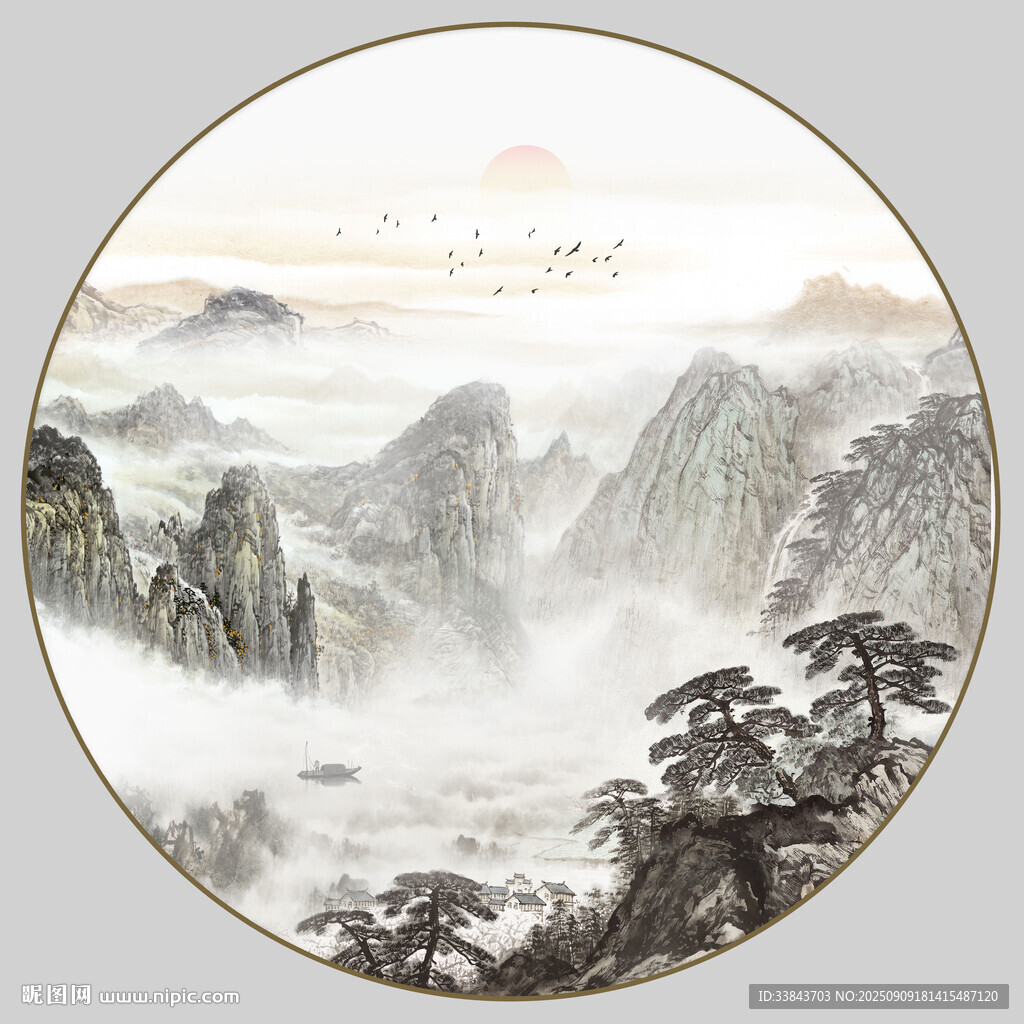 圆形水墨山水画