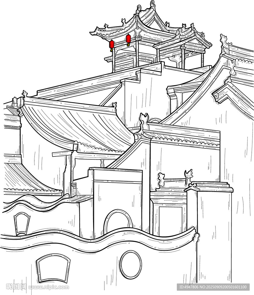 中式古建筑线稿图 矢量图
