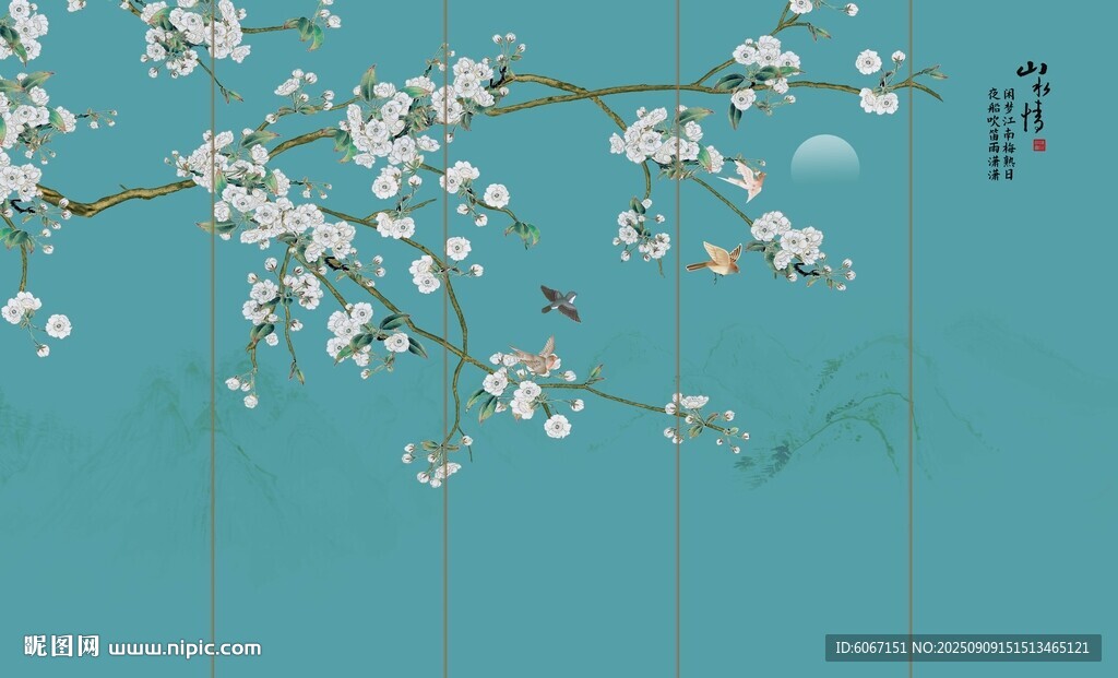 新中式工笔花鸟画背景墙