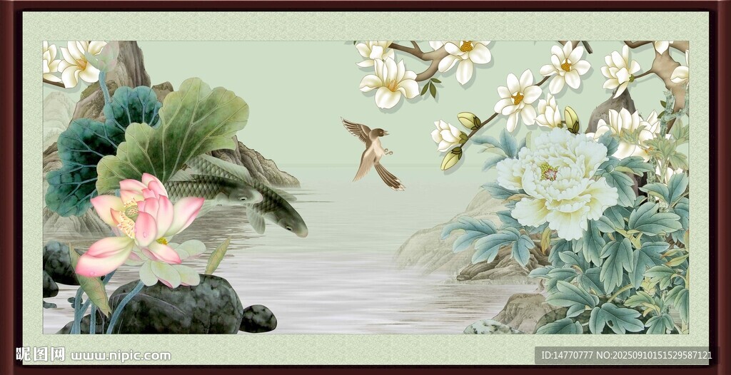 中式花鸟荷花雅致图景