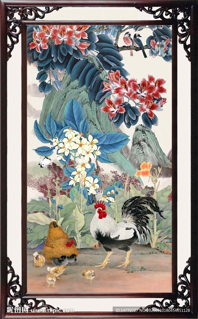 中式庭院鸡群花卉图景