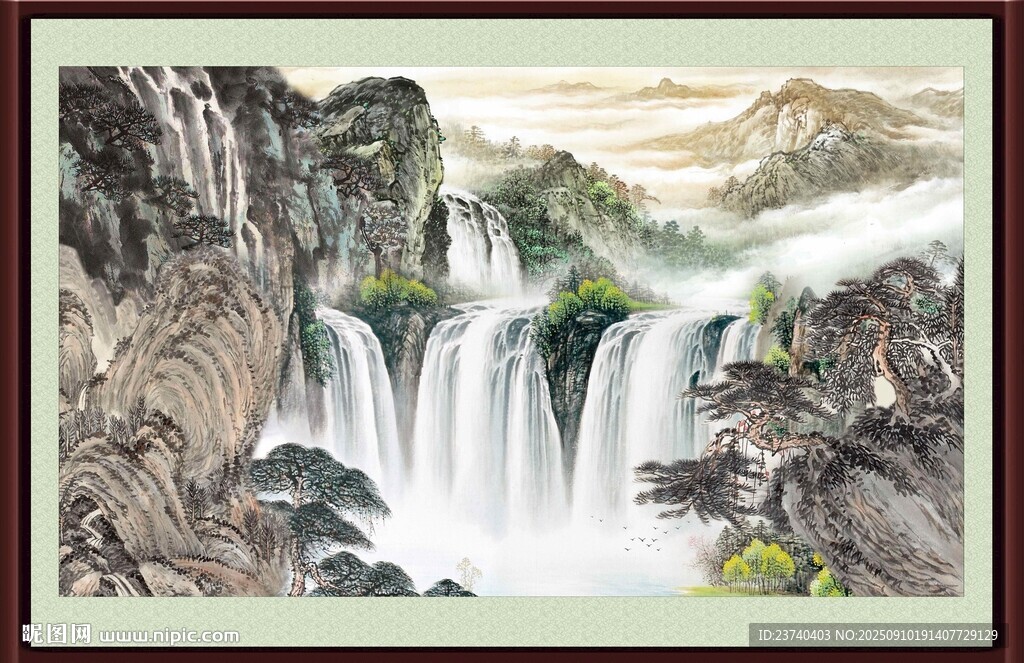 山水瀑布国画风景图