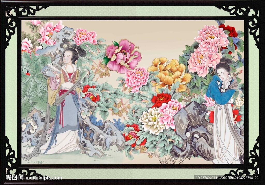 古典美人花丛图