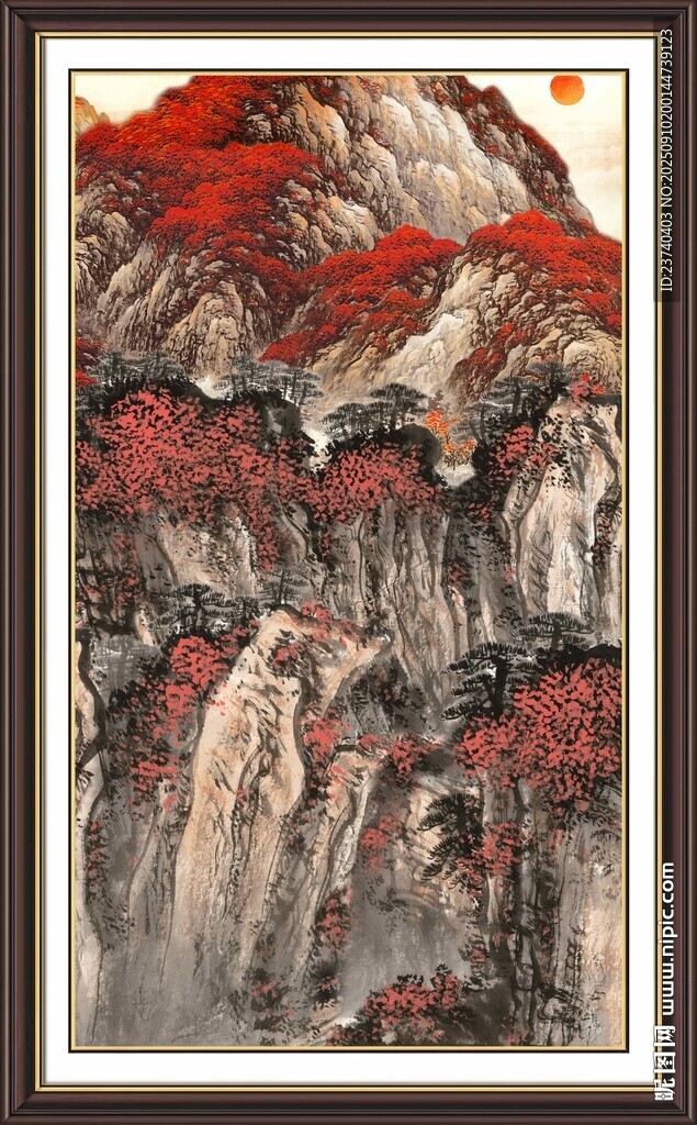 红叶映山景国画作品