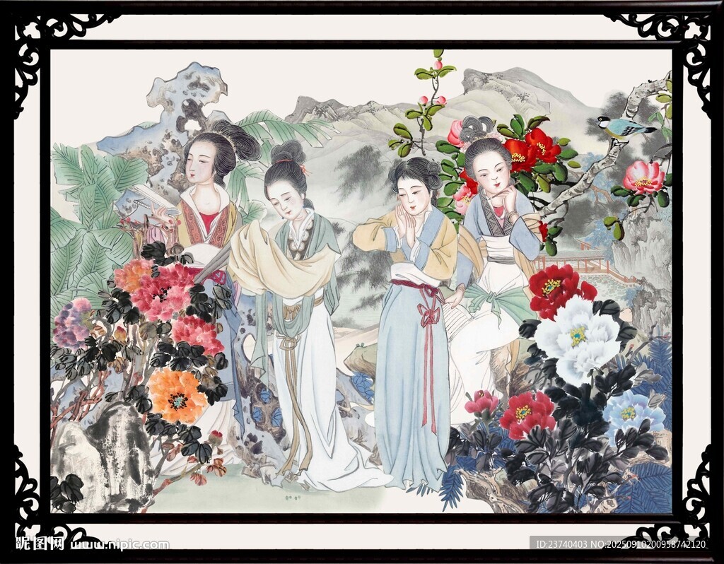 古典美人花丛中赏景