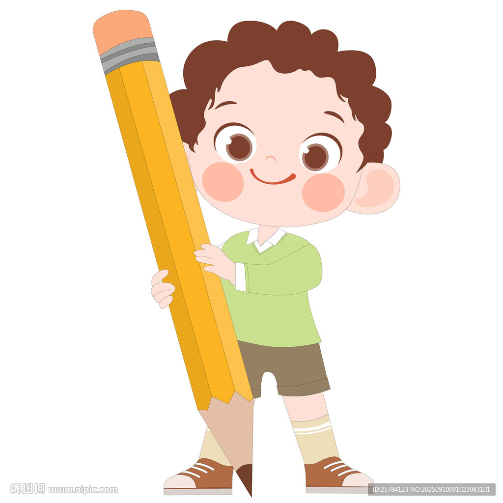卡通风可爱男孩拿着铅笔写字儿童