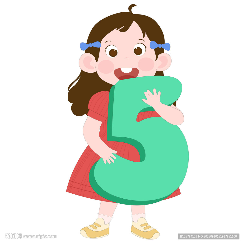 卡通可爱数学课女孩抱着数字5