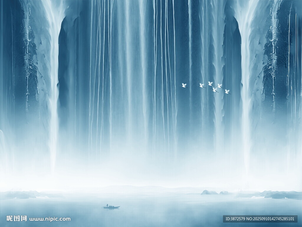 招财瀑布山水画