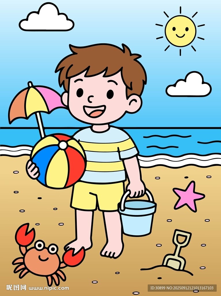 卡通矢量手绘沙滩男孩游玩插画