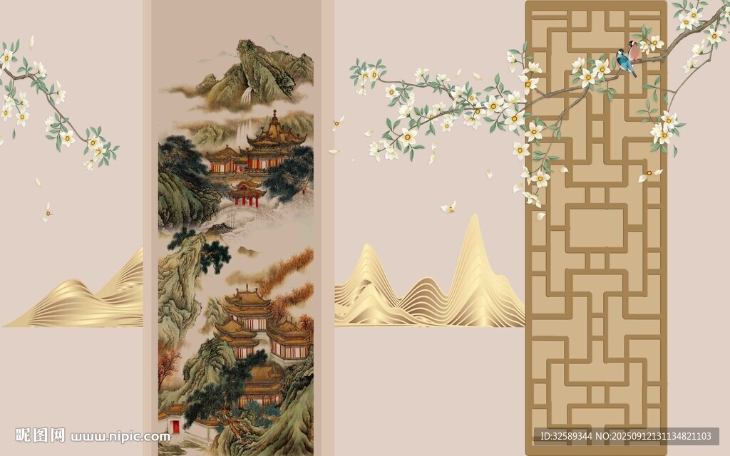 中式山水金纹装饰图案