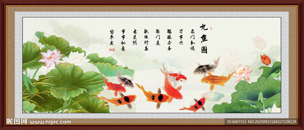 荷花九鱼图