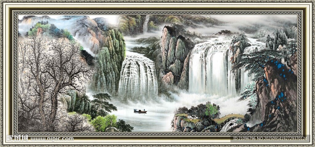 山水瀑布国画风景图