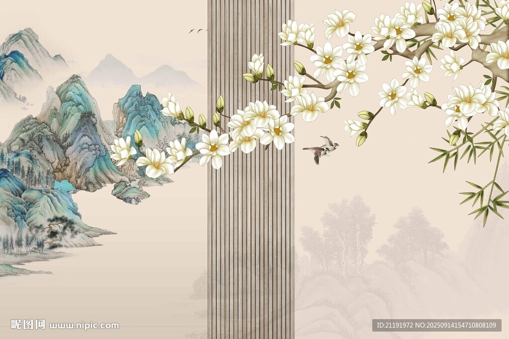 中式格栅花鸟背景墙