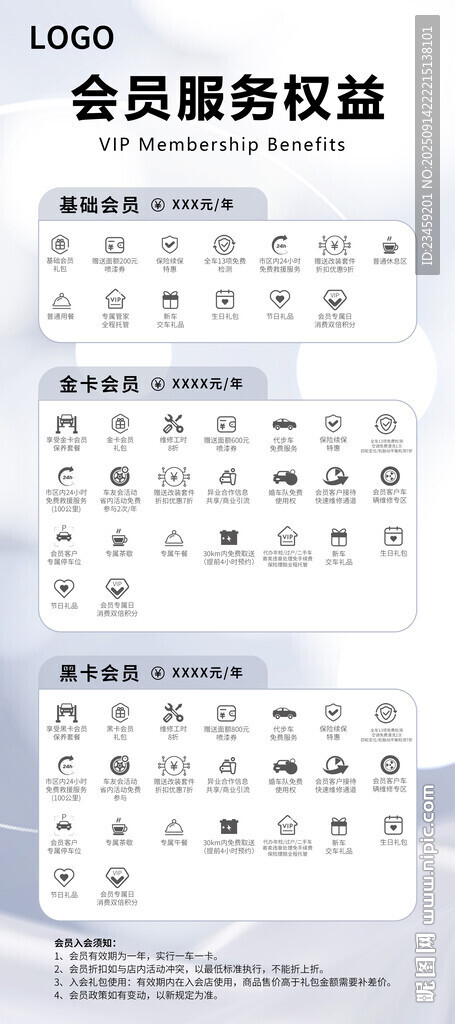 会员福利权益表展示