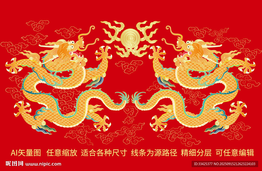 双龙戏珠金龙纹升龙彩龙线描龙