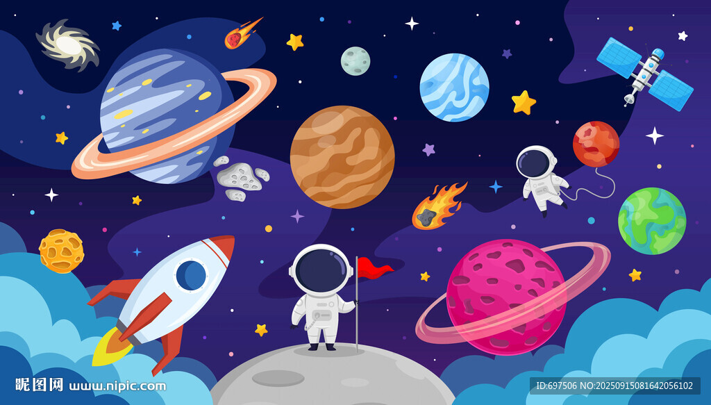 卡通宇宙星球太空火箭儿童背景墙