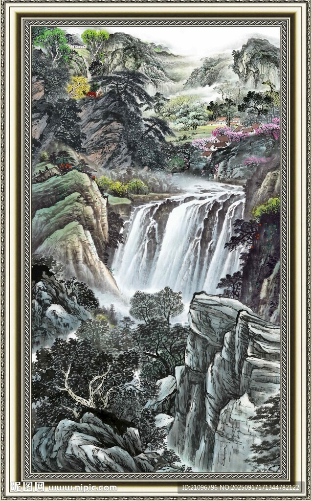 山水瀑布国画景观图