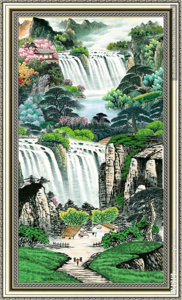 中式山水瀑布风景图