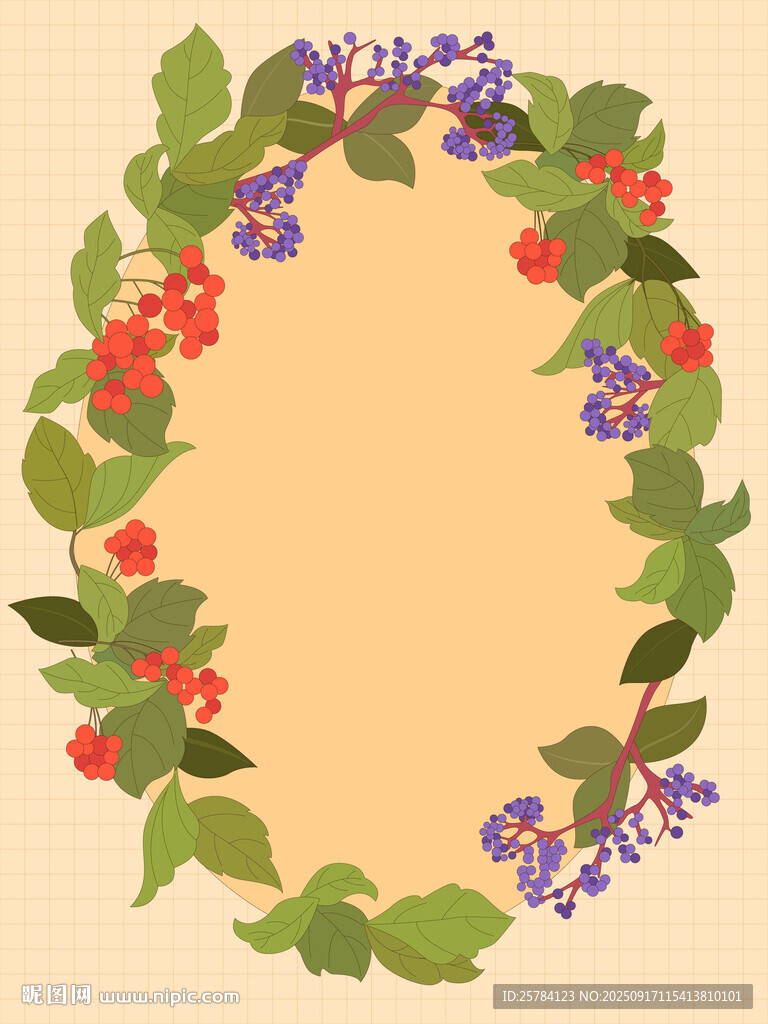 卡通风秋季花卉浆果果实落叶插画