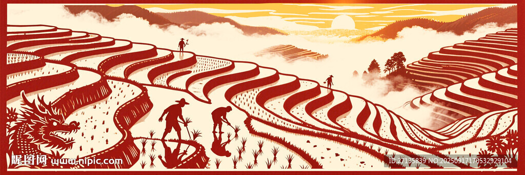 剪纸风田园劳作场景