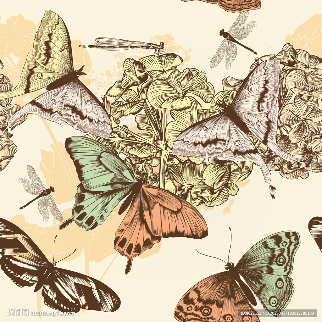 复古风蝴蝶花卉图案插画