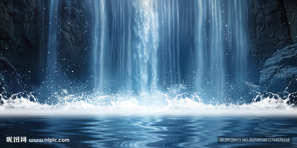 招财瀑布山水画