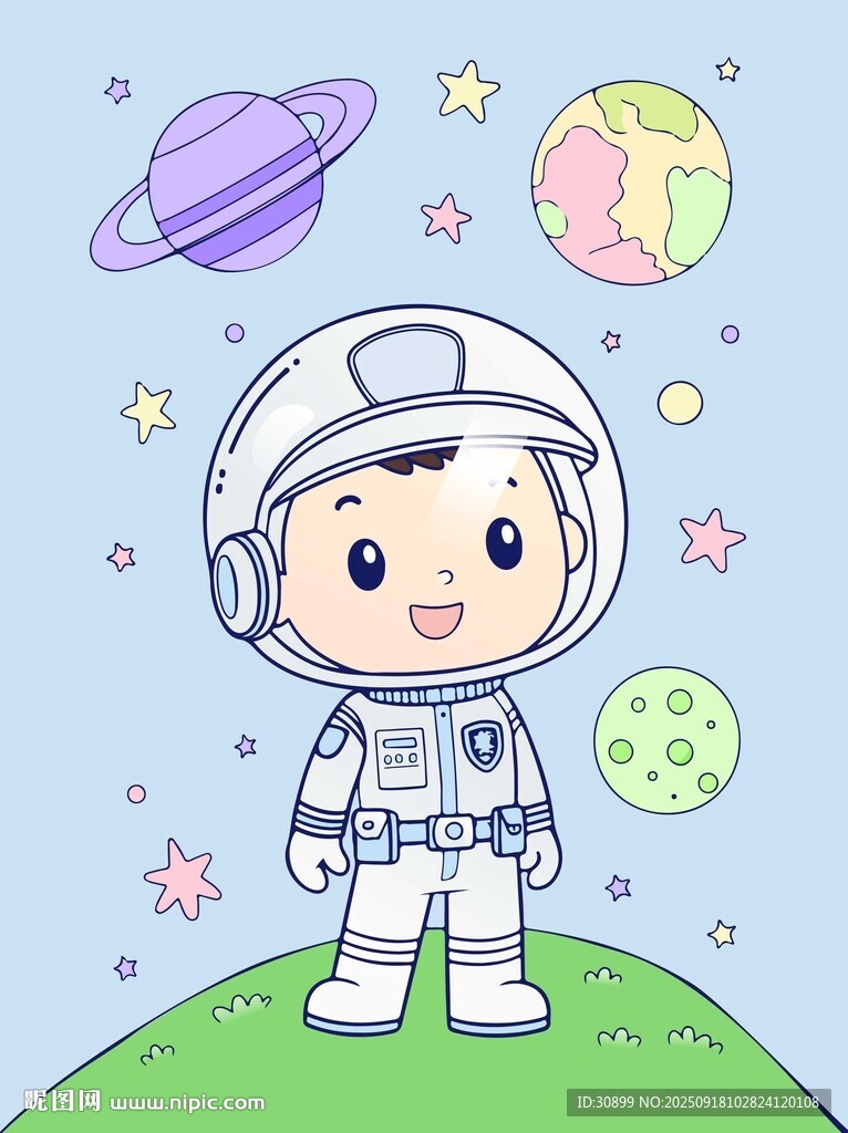 卡通手绘可爱宇航员在绿色星球