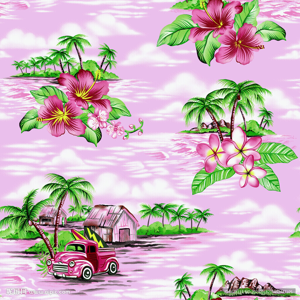 粉色海岛花卉图案背景小汽车