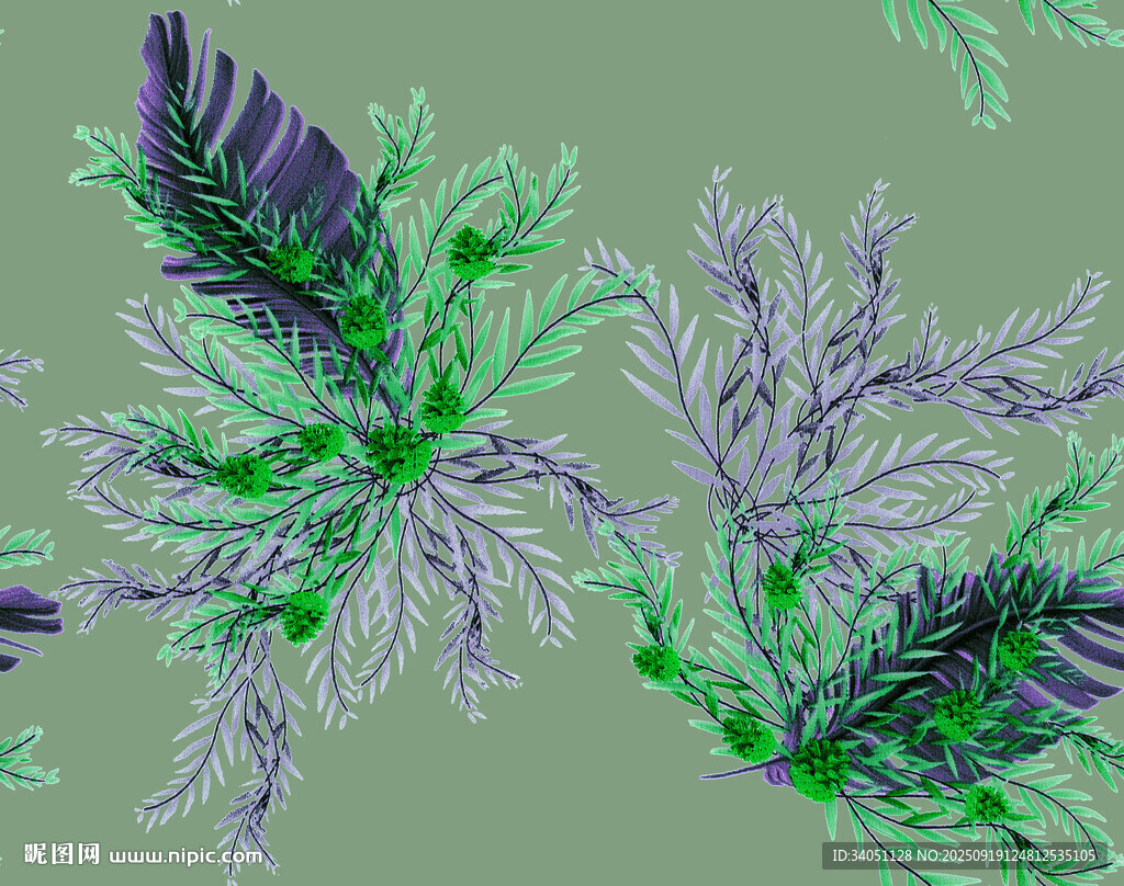 梦幻绿紫交织植物图案