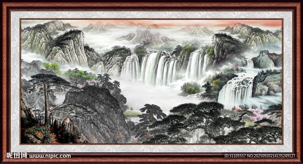 中式山水瀑布国画景观