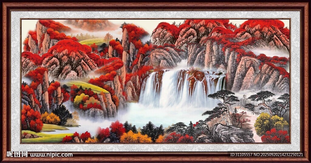 山水秋色瀑布国画风景图