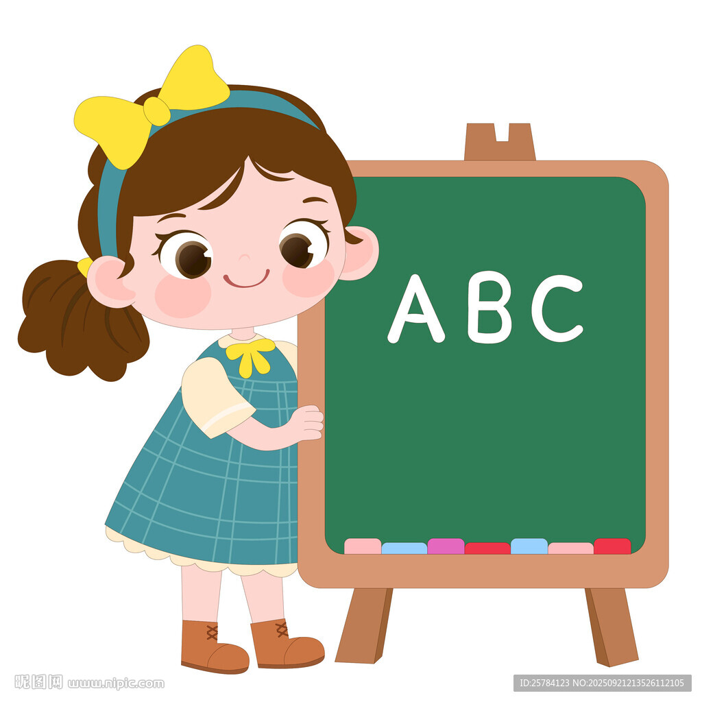 卡通英语课黑板上写英文字母女孩