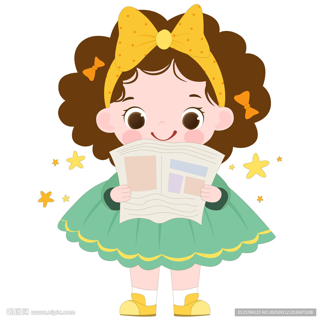 卡通穿泡泡裙戴蝴蝶结女孩读报纸