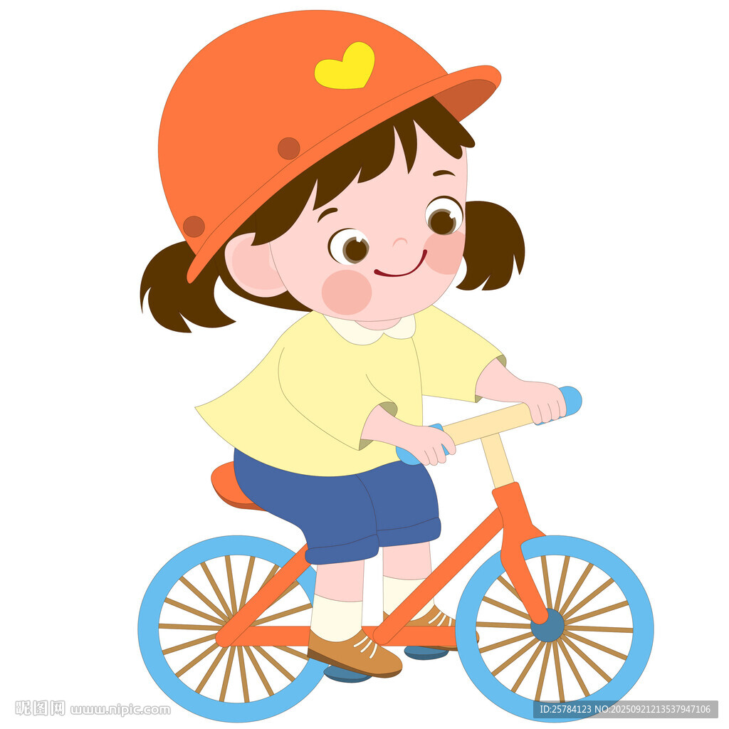 卡通女孩戴头盔开心骑自行车插画