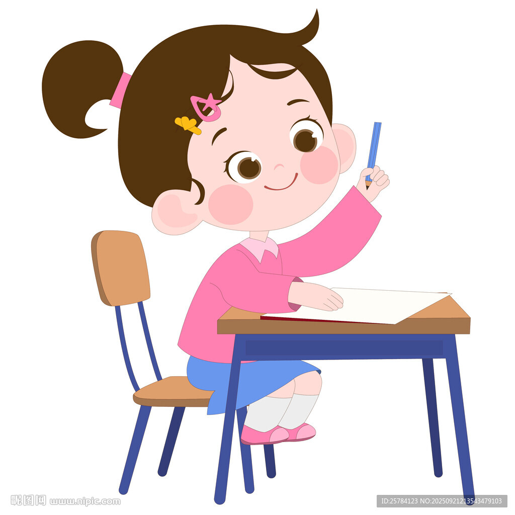 卡通女孩课堂上书桌前拿铅笔写字