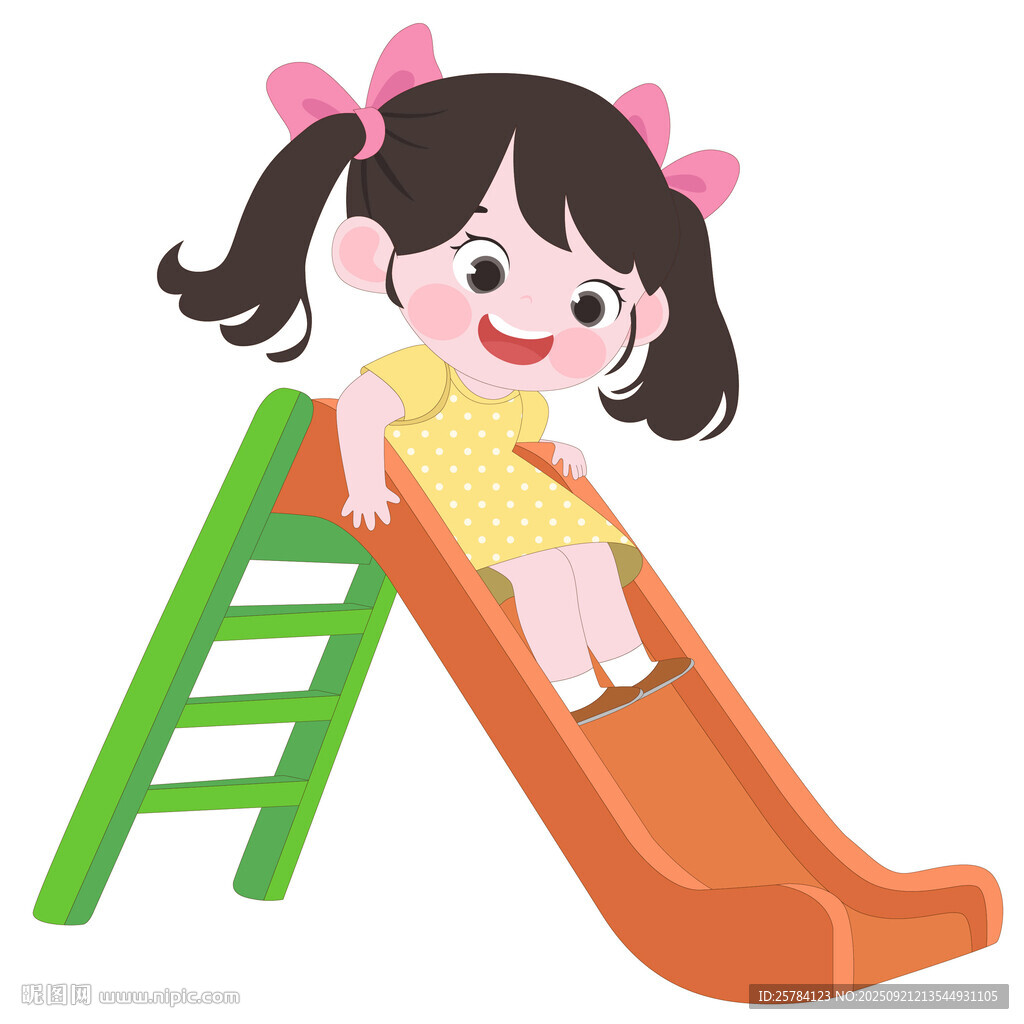 卡通风双马尾女孩开心滑滑梯插画