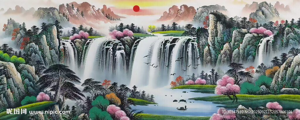 流水生财山水画