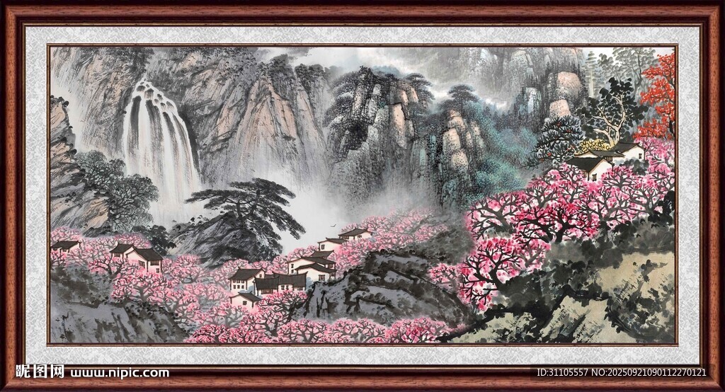 山水繁花国画风景图