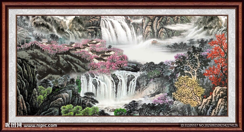 山水国画瀑布花卉美景