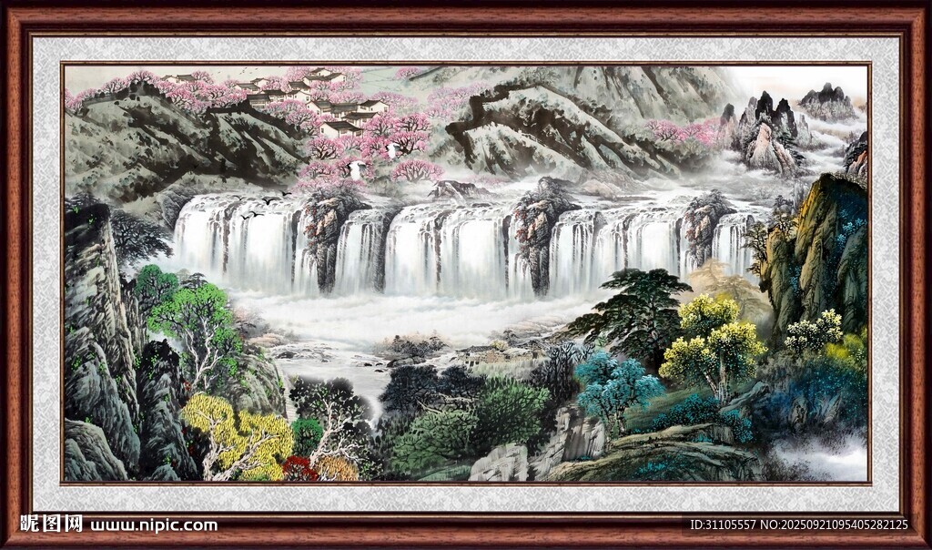 中式山水瀑布国画作品