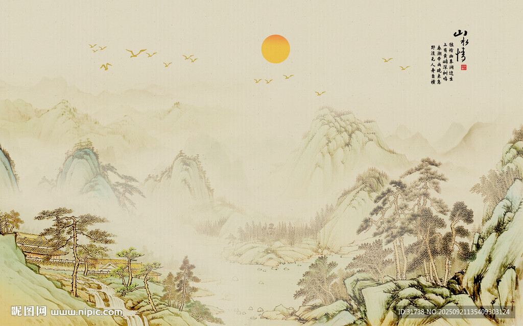 新中式水墨国画山水背景墙壁画