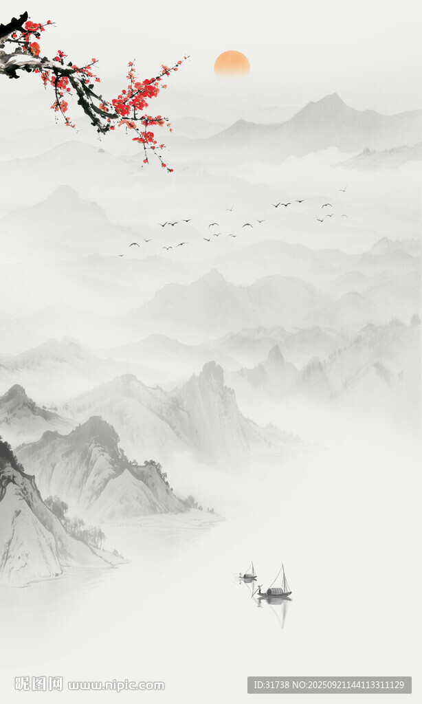 新中式梅花花鸟画背景壁画