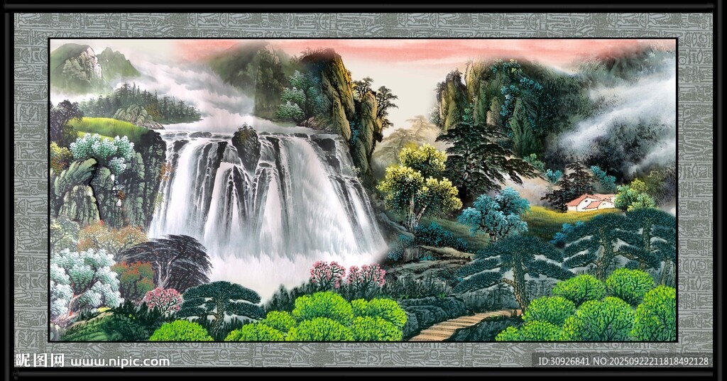 山水瀑布国画风景图