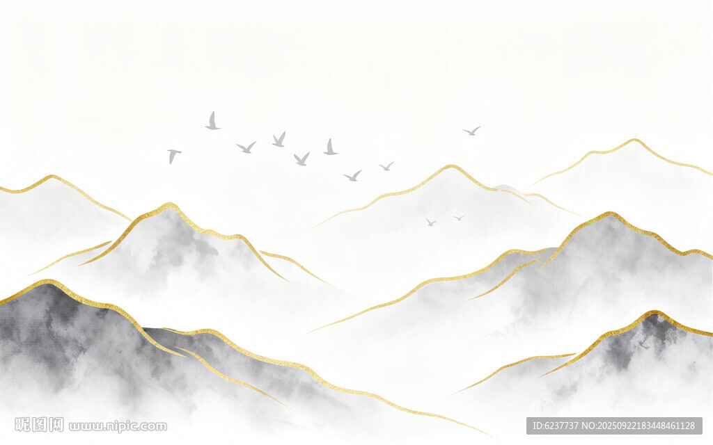 国风金色线条山水画