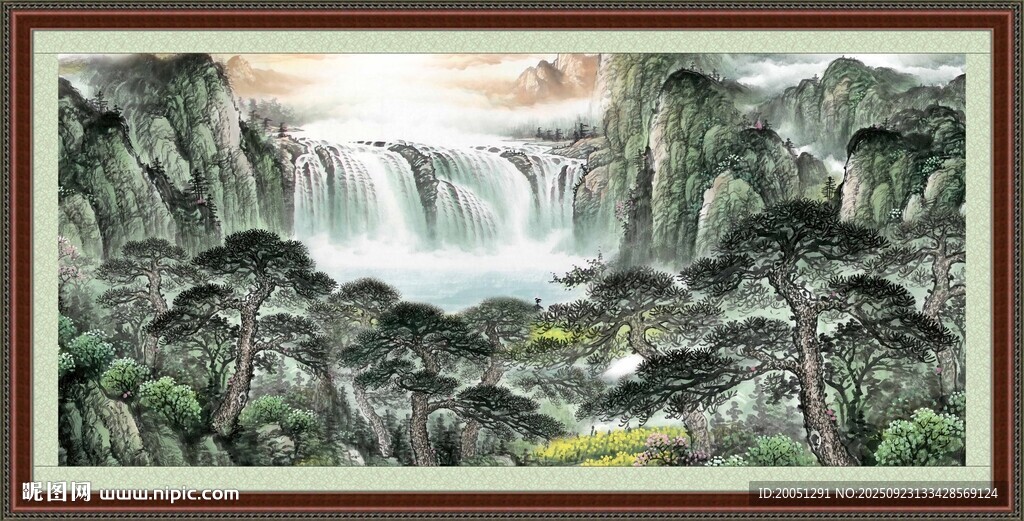 山水瀑布国画风景图