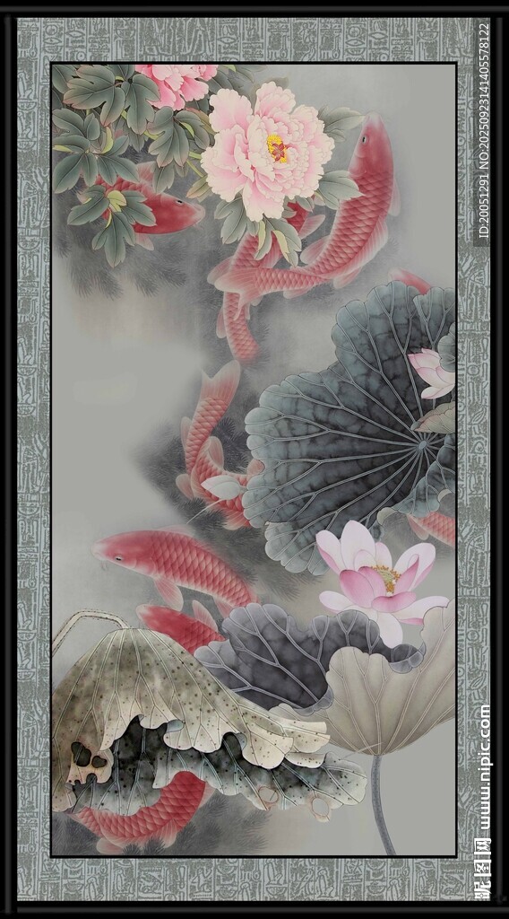 中式水墨画中的锦鲤与荷花