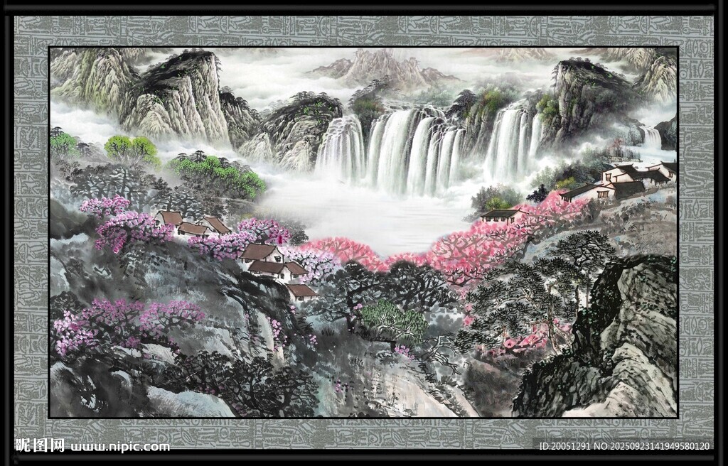 山水瀑布国画景观图
